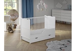 B4Beds White Wooden Baby Cot Bed with Optional Mattress Included, Safety Wooden Barrier (White with Mattress)