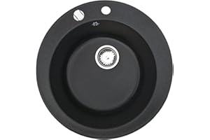‎MANESTEIN Manestein Spülbecken, Küchenspüle aus Granit, Einbauspüle, Einzelbecken mit Siphon, Fleckenbeständig und Pflegeleicht, 80% Quarzsand, 1 Becken, Rund, Ø 49, Graphit - Schwarz Gesprenkelt