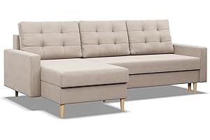 ‎MEBLIGO Mebligo - Ecksofa mit Schlaffunktion und Bettkasten BLANK, 223x88x140 cm, Universelles Eckcouch, Rechte oder Linke Seite Couch, Wohnzimmer Schlafsofa. L Couch mit Schlaffunktion - Beige