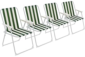 Harbour Housewares Folding Beach Deck Chairs - Green Stripe - Pack of 4 - Metal Outdoor Patio Seat Lightweight Portable Deck Chair for Picnic, Garden, Camping, Fishing