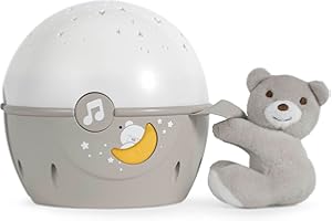 Chicco Next2Stars Luce Notturna per Bambini con Pupazzo - Proiettore Stelle Soffitto per Culla e Lettino Neonati, con Sensore Sonoro, 3 Effetti Luminosi e Musica - 0+ Mesi, Beige