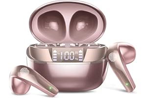 BESNOOW Cuffie Bluetooth, Auricolari Bluetooth 5.3 con Bassi Immersive, Cuffie Wireless Mini Incorporato HD Mic, IP7 Impermeabili Cuffiette Bluetooth, 40H Cuffie Senza Fili con Display LED, Oro rosa(2024)