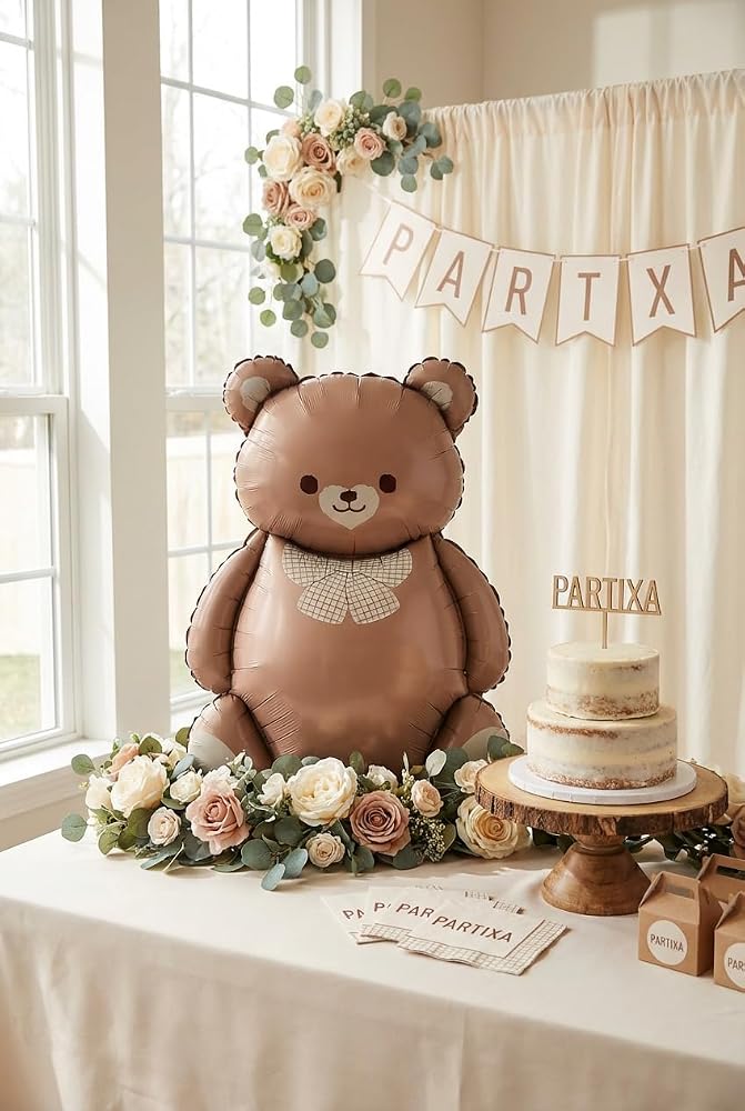 Retro Krem Fiyonklu Kahverengi Ayıcık Folyo Balon | Doğum Günü Baby Shower Ayıcık Temalı Parti Süsleme Dekorasyon Balonu