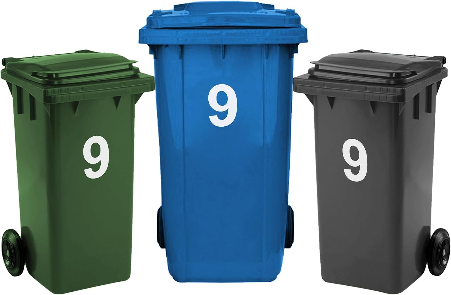 Rubigo 3 x Bin Numbers for Wheelie Bins, 0-99, Letters A-D, 17.5cm Dustbin Stickers, Easy Application Stick On Number Stickers - Weatherproof Self Adhesive Vinyl (9)