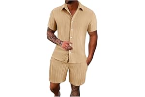 Wyongtao Chemise Homme Col V Boutonnée Ensemble 2 Pièces Été,T-Shirts Ensemble Short Pour le Sport et les Loisirs,T Shirt Pour Homme Couleur Solide,Tee Shirt à Manches Courtes Sport Pas Cher