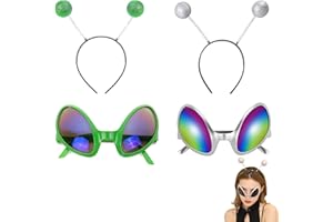 LPMXYW 4 PCS Alien Headband and Alien Glasses Alien Rainbow Lens Sunglasses Alien Accessories Halloween Costume Alien for Party Cosplay Halloween Costume Accessories(Green+Sliver)
