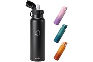 BUZIO Insulated Water Bottle with Straw 1L - Stainless Steel Water Bottle with Straw 1L and POPUP Lid - BPA Free - Cold for 48 Hrs - 1L Water Bottle for Travel Work - Black