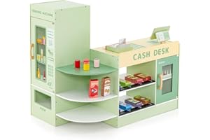 COSTWAY Pretend Play Shop, Kids Supermarket Playset with Vending Machine, Scanner, 13 Food Toys, Wooden Role Play Grocery Store for Children Ages 3+ (Green)