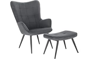 ‎WOLTU WOLTU Fotel z uszami z taboretem, fotel relaksacyjny z tapicerką, vintage, do salonu, sypialni, na balkon, sztruksowy, ciemnoszary