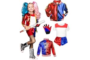 BITOYO Costume da Quinn Bambina, Costume da Quinn Clown Cosplay Joker Costume con T-Shirt Giacca Pantaloncini e Guanti Costumi per Ragazze Halloween Natale Carnevale Costumi Cosplay