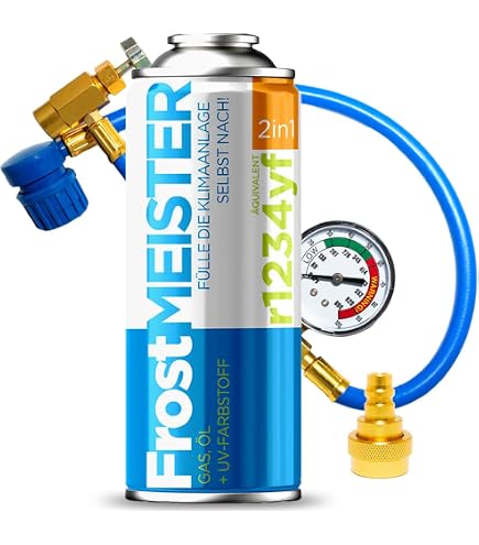 FIXFY Kit 5 En 1 Recharge Clim R1234YF – Tuyau Manomètre + 2 Canettes Réfrigérant, Huile, Mastic, UV – Voitures 2017+