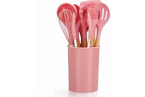 Cloober - Utensilios de Cocina 12 Piezas de Silicona | Juego de Utensilios Antiadherentes Resistentes al Calor Mango Ergonómico de Madera - Libres de BPA (Rosa)