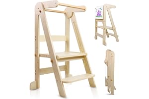 UUOEEBB Foldable Kitchen Tower, Learning Tower with 3 Adjustable Height, Kitchen Step Stool for Kids with Magnetic Whiteboards 1-6 Years Children Stool