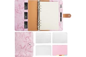 A5 Ring Binder Notebook,Skycase Leather 6 Ring A5 Binder with A5 Refill Papers,Subject Dividers Paper Sheet,Binder Pockets, Travel Binder Journal Personal Planner Pink