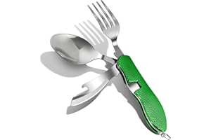 ZIMAIC Cubiertos de camping plegables, acero inoxidable, cubiertos para camping, 4 en 1, abridor de botellas, cuchillo, tenedor, cuchara, juego de color verde