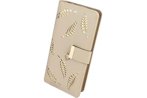 FuninCrea Porte - Monnaie Femme avec Feuille Creuse, Long Portefeuille en Cuir PU pour Femme avec Plusieurs Fentes pour Cartes, Double Portefeuille Pliant, Porte - Monnaie avec Fermeture (Beige)