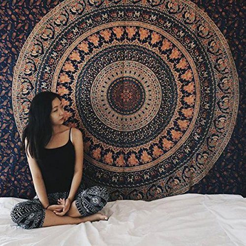 indian-hippie-gypsy bohemian-psychedelic cotton-mandala wall-hanging-tapestry-multi-color queen-size-large-mandala tapestry-hippie-84 X 90 - 5
