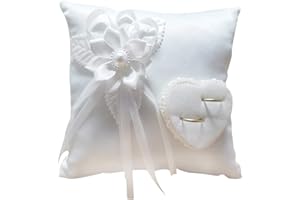 Pomrone Coussin pour Bagues Mariage, Porteur Coussin Bague, Cœur Blanc Romantique, Lavable, Douce, 20cm × 20cm