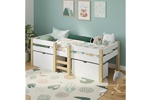 ‎BELLABINO Bellabino Aspy Kinderbett 90x200 cm – Hochbett mit 2 Schubladen, Rausfallschutz & Lattenrost – Halbhochbett mit Leiter aus Kiefer Massivholz in Weiß/Natur – Jugendbett mit Stauraum