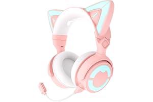 YOWU RGB Cat Ear Headphones 4GS - Gaming Headset for PC PS5 Switch Xbox, 2.4G/Wireless/Wired, Attachable Gaming Microphone, Adjustable Lighting and Effect via App (Pink)