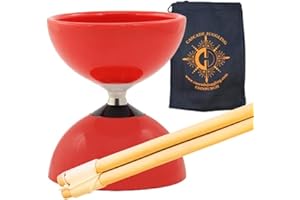 JUGGLE DREAM Carousel Bearing Diabolo Set - Kids, Fast Bearing Diablo with Wood Sticks, Pro String and Cascade Juggling Bag (Red)