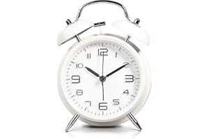 LATEC Reloj Despertador de Doble Campana con luz Nocturna, Gran Esfera de 4 Pulgadas, Batería de Reloj Despertador Ruidoso, sin Tictac, Silencioso, Timbre de Alarma Retro, Unidad de Cuarzo (Blanco)