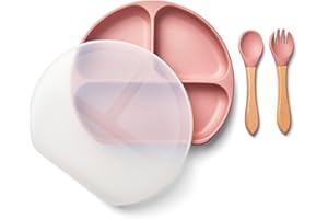 TIGGI Baby Suction Plate with Lid, Weaning Set, Baby Feeding Set, Ideal for Baby-Led Weaning, Strong Suction, Easy to Clean, Smooth, Safe BPA-Free Toddler Plates | Ideal for Baby-Led Weaning (Dusky Pink)