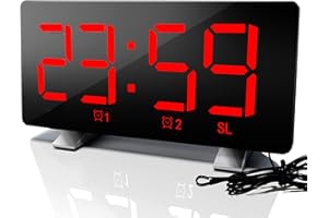 ThreeH Radio Reloj Digital con Cargador Teléfono USB 7.3 '' Pantalla LED Pantalla Curva con Atenuador 2 Ajuste de Alarma Reloj de Radio para Dormitorios Rojo