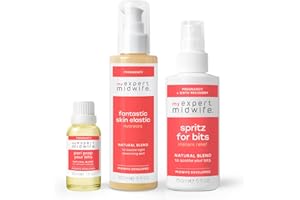 My Expert Midwife Pregnancy and Birth Essentials - with Fantastic Skin Elastic Stretch Mark Cream, Peri Prep Perineal Massage Oil and Spritz for Bits Postnatal Relief Spray