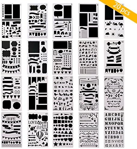 AISIGE 20 Pack Journal Stencil Set Plastic Planner Stencils for Journaling /Scrapbooking/Notebook/Diary/Card/Art - Bullet Journal Stencil DIY Projects Drawing Template Stencil 4x7 Inch