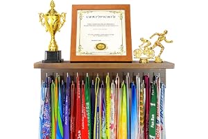 Medal Hanger Trophy Shelf Display Sport Awards.Perfect All-in-1 Wooden Shelf by 25 Pcs Steel Hooks.Sturdy Medal Holders for Gymnastics Basketball Baseball Soccer Honors Wall Mount Rack Easy to Install