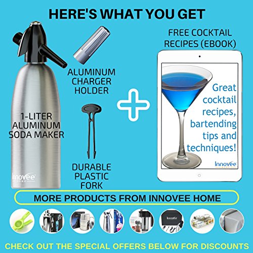Innovee Soda-Siphon – Der beste Sodasprudler – Aluminium – 1 Liter + Cocktail Rezepte Ebook – Bereiten Sie Sprudelwasser mit Leitungswasser oder aus der Flasche vor – Bereiten Sprudelwasser vor wann Sie es vollen – benötigt Standard-CO2 Kapseln (nicht enthalten) - 6