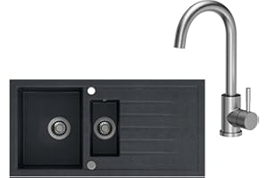 VBChome Évier avec robinetterie 100 x 50 cm Bac simple noir granit rectangulaire encastrable réversible moucheté Grand bassin profond Siphon Robinet