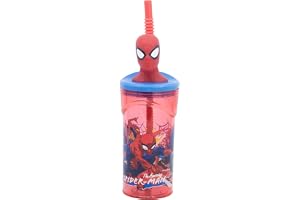 STOR Barnmugg med Sugrör och Lock Spider-Man, 3D-Figur, 360 ml, Plast, BPA-fri, Perfekt för Pojkar och Flickor