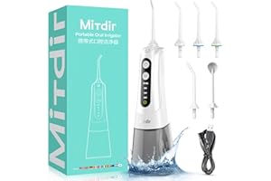 MiTdir Idropulsore Dentale Portatile con filo interdentale ad acqua 5 punte a getto 4 modalità IPX7 Impermeabile 300 ml Serbatoio d'acqua staccabile di grandi dimensioni (Bianco)