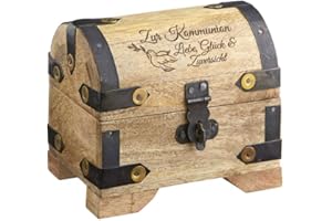 Casa Vivente Kleine Schatztruhe mit Gravur – Zur Kommunion – Motiv Taube – Helles Holz – Vintage Bauernkasse – Messing-Beschläge – Verpackung für Geldgeschenke – Geschenkideen für Mädchen und Jungen