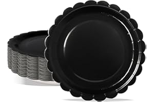 PYAILI 50 Assiettes en Carton - Set Anniversaire 18cm (Bord Crénelé Noir) pour Fêtes de Fin d'Année, Nouvel An et Anniversaires