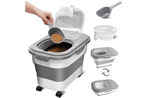 EXSIVEMY Dog Food Storage, 20L Dog Cat Pet Animal Food Storage Container with Wheels, Folding Pet Food Container Rolling for Mobility with Scoop, Airtight Pet Dog Cat Dry Food Storage Bin Dispenser