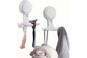 LEVERLOC Razor Holder for Shower 2 Pack Vacuum Bathroom Suction Hook Reusable for Towel, Robes, Razor, Bath Ball, Damage-Free Wall Shower Hook Shaver Holder Multipurpose Hanging, White
