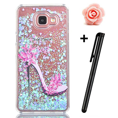Samsung Galaxy A5 (2016) 3D Liquid transparent Case, toyym Funny Cool Sparkle Bling Bling Schutz Hard Shell Schutzhülle für Samsung Galaxy A5 (2016), [Glitzer Liquid] Case Cover Schwimmende Love Herzen Sterne für Samsung Galaxy A5 (2016) A510 mit Displayschutzfolie + Eingabestift Stylus Pen + hübsche Blume Staub Stecker