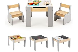 COSTWAY Barnbord med 2 stolar, 3-delad barnstolsgrupp av trä med vändbar och avtagbar bordsskiva, barnmålningsbord med förvaringsutrymme, barnmöbler, sittgrupp för barn från 3 år