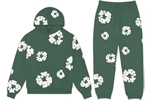 QCLUEU Denim Tears chandal Hombre/Mujer Original Denim Tears Sudadera con Capucha y Pantalón Chándal para Hombre y Mujer Y2K Sudadera con Capucha con Estampada Flores Pantalones Denim Tears Flores(Gre