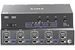 YOUTINGHDAV KVM Switch 4 PC 3 Monitor 8K@60Hz 4K@144Hz, USB 3.0 KVM Switch Triple Monitor 2 Displayport 1.4 + HDMI 2.1 per 4 PC parti mouse tastiera, con cavo remoto e adattatore di alimentazione