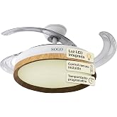 SOGO Folding Ceiling Fan with LED Light and Reversible Function, 3 Wood Colour Blades, Remote Control, Timer, Silent Motor, 3