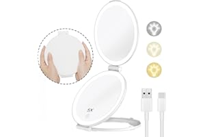 ‎FUNTOUCH FUNTOUCH Wiederaufladbarer Schminkspiegel mit Beleuchtung, Reisespiegel mit 1X / 5X Vergrößerung, 3 Farbige Beleuchtung Kosmetikspiegel, Dimmbarer Touchscreen, Faltbarer Tragbarer Make up Spiegel