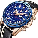 LIGE Herren Sport Quarz Uhren Militär Wasserdicht Leder Datum Blue Dial Chronograph