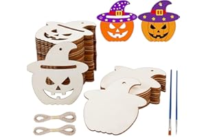 LOPOTIN 40stk Halloween Basteln Kinder Holz Kürbis Bastelset Herbst Kürbissholzscheiben mit Pinsel Hanfseil Herbstdeko ab 6 Jahre Bastelset für Party Herbstzeit Dekorationen