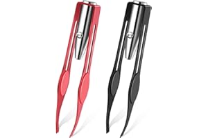 HONOSON 2 Pcs Pince à Épiler avec Lumière LED Brucelles Lumineuses d’Épilation Pince à Épiler de Maquillage avec Lumière Pince à Épiler de Précision de Sourcils en Acier Inoxydable, Noir, Rouge