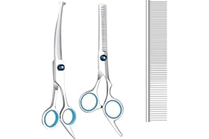 EVERESTA Dog Grooming Scissors with Safety Round Tips, Heavy Duty Titanium Pet Grooming Trimmer Kit, Professional Thinning Shears, Straight Scissors with Comb for Dogs and Cats (Set of 3)