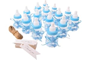 GUDOTRA 125 Packs 24pcs Biberones Bautizo Plastico Azul Botella Dulces + 100pcs Tarjetas Blanco+10 Metros Cuerda de Yute para Recuerdo de Bautizo Baby Shower